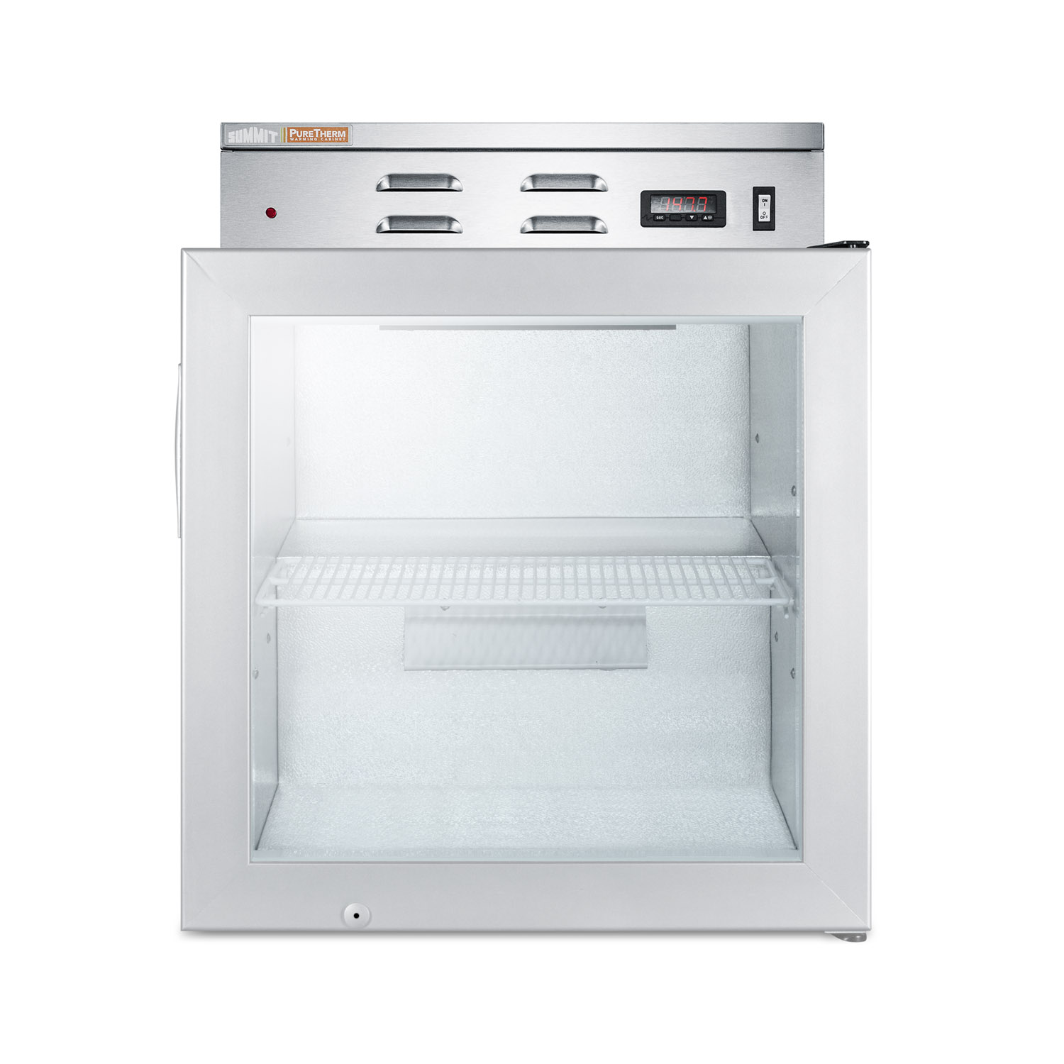 Single chamber compact warming cabinet with glass door, digital thermostat, and lock
